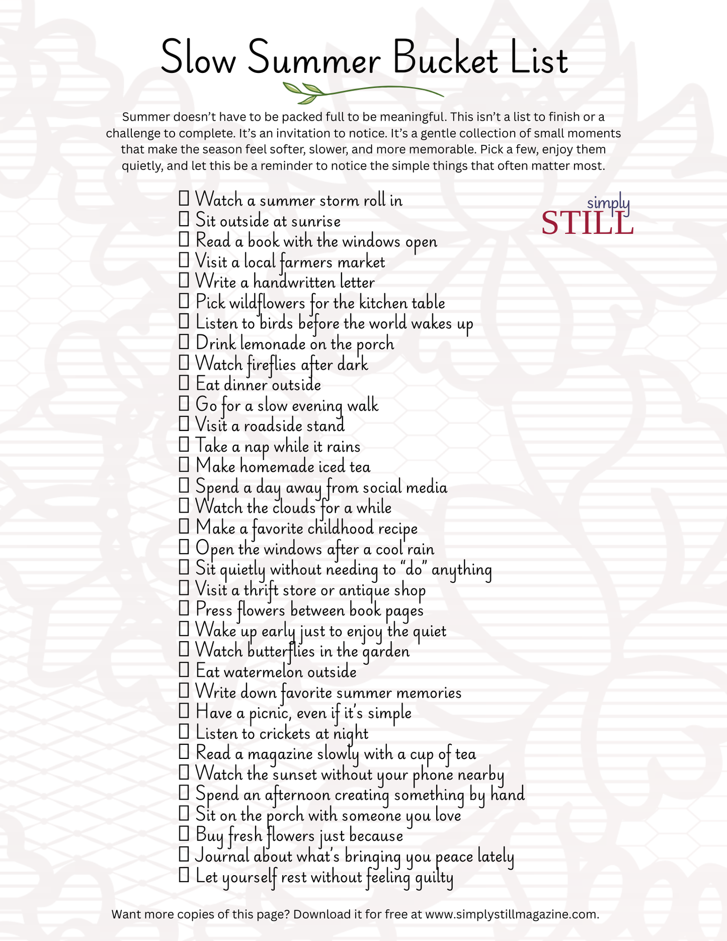 Slow Summer Bucket List - Free Printable