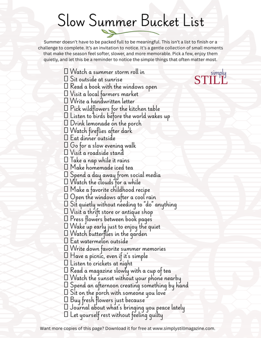 Slow Summer Bucket List - Free Printable